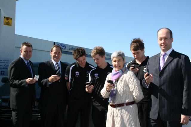 Liberal candidate for Ballarat John Fitzgibbon, Member for Western Victoria Simon Ramsay, North Ballarat Rebels players Lachlan Cassidy and Nick Rippon, Transport Accident Commission Chief Executive Officer Janet Dore, North Ballarat Rebels player Jesse Murphy and Assistant Treasurer Gordon Rich-Phillips at the launch of the mobile website