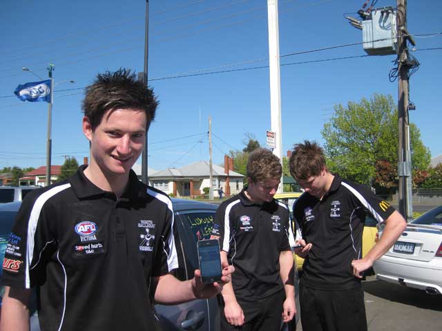 North Ballarat Rebels players Lachlan Cassidy, front, Nick Rippon and Jesse Murphy were the first to test drive the TAC's new How Safe is Your Car mobile website, launched in Ballarat.